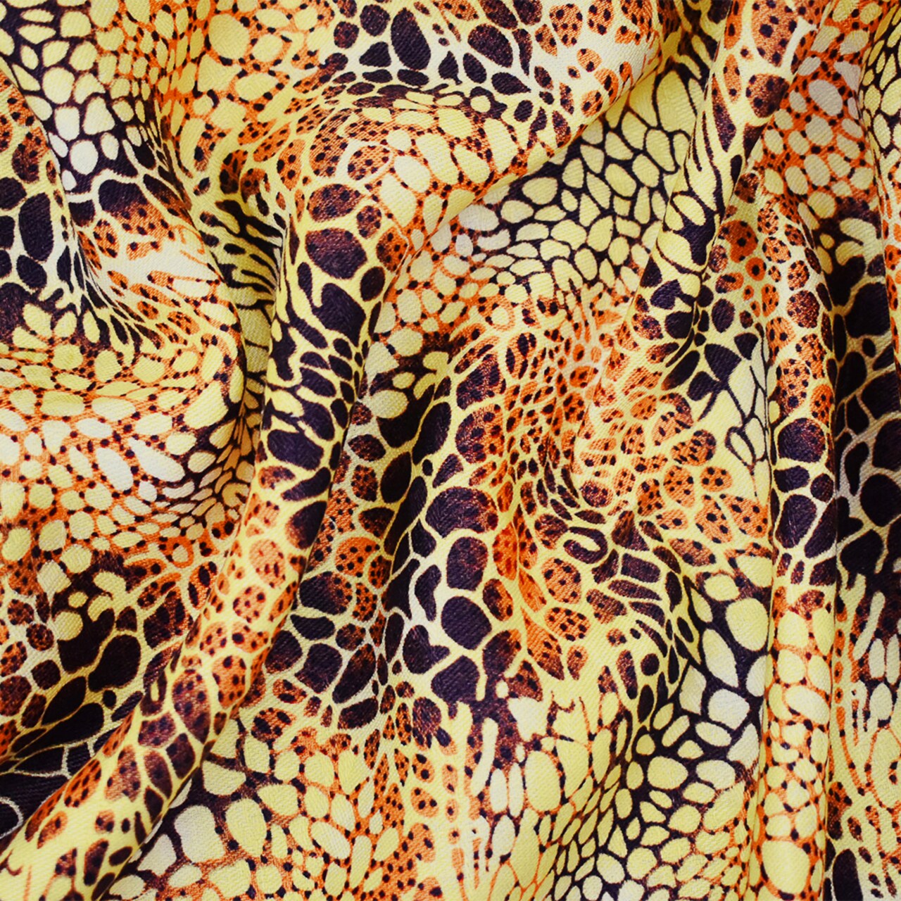 Yellow-Brown-Orange Abstract Cheetah Pattern Printed Linen Twill Fabric By the Yard